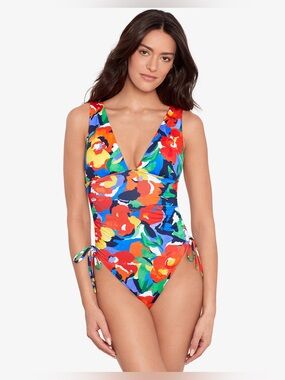 Lauren Ralph Lauren Bold Abstract Floral Ruched Plunge one piece Swimsuit